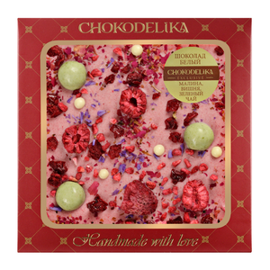 Шоколад Chokodelika белый с украшением Малина, вишня, зеленый чай