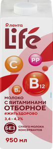 Молоко ультрапастеризованное Лента Life 3,4-4,2%