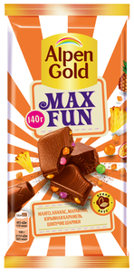 Шоколад молочный Alpen Gold Maxfun c фруктовыми кусочками и взрывной карамелью, 140 г