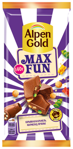 Шоколад молочный Alpen Gold Maxfun со взрывной карамелью, мармеладом и печеньем, 140 г