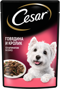 Влажный корм Cesar для взрослых собак с говядиной, кроликом и шпинатом в соусе