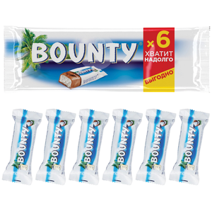 Батончик шоколадный Bounty с нежной мякотью кокоса, 6 шт x 27,5 г