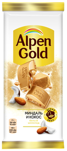 Шоколад белый Alpen Gold с миндалем и кокосовой стружкой, 80 г
