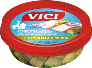 Сельдь по-русски Vici филе-кусочки с огурцами и луком