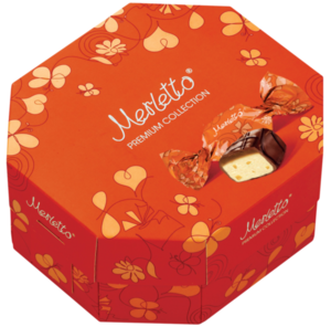 Конфета с нугой, орехами и карамелью, покрытая шоколадом ТМ Merletto (Мерлетто)