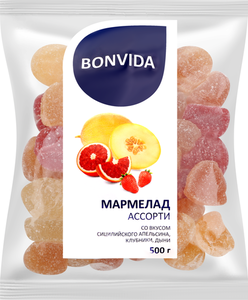 Мармелад желейно-формовой Bonvida Ассорти со вкусом сицилийского апельсина, клубники, дыни