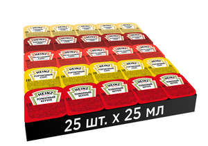 Набор соусов Heinz Ассорти: барбекю, сырный, горчичный, томатный кетчуп, кисло-сладкий порционный, 25 мл х 25 шт