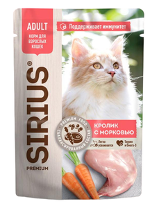 Влажный корм для взрослых кошек Sirius Premium Adult полнорационный кусочки в соусе кролик с морковью