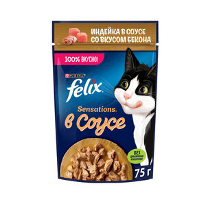Корм влажный Felix Sensations соус индейка-бекон