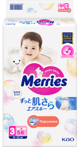 Подгузники Merries для детей 6-11 кг размер M, 56 шт